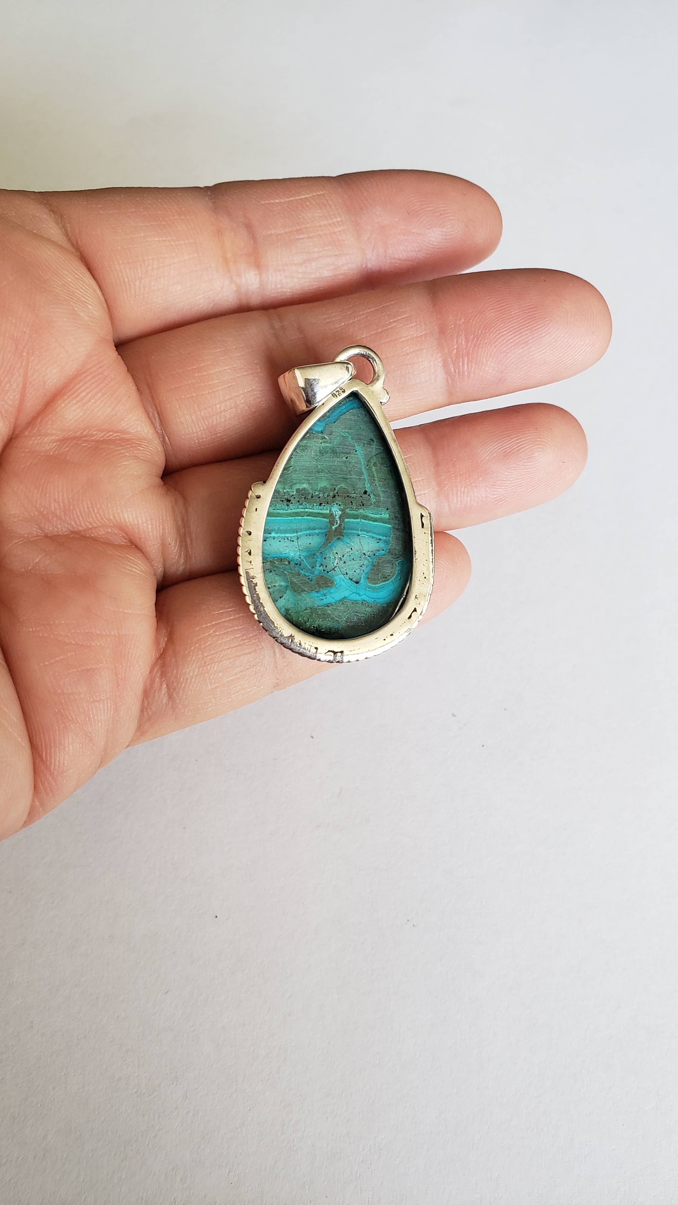 GTG Gems Corp - Wholesale Individual Charm/Pendant - 925 Sterling Silver Malachite Chrysocolla  Pendant (P-55)2