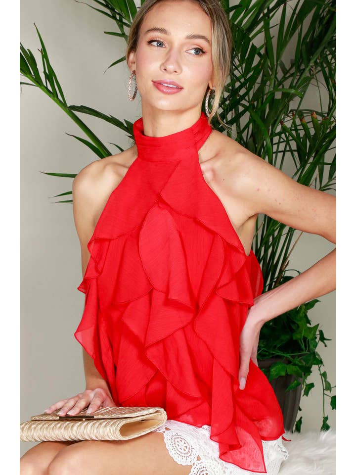 Vine & Love - Wholesale Blouse - Women's - Halter Neck Sleeveless Ruffle Detail Blouse Top VT81971