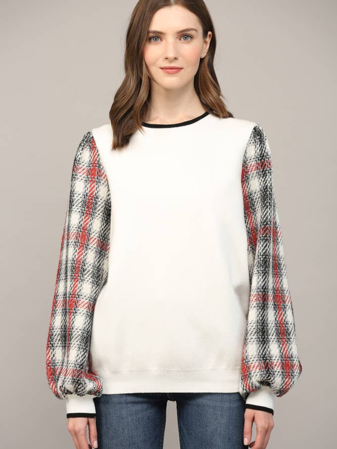 CONTRAST WOVEN SLV CREW NECK SWEATER FW10247 for wholesale by FATE