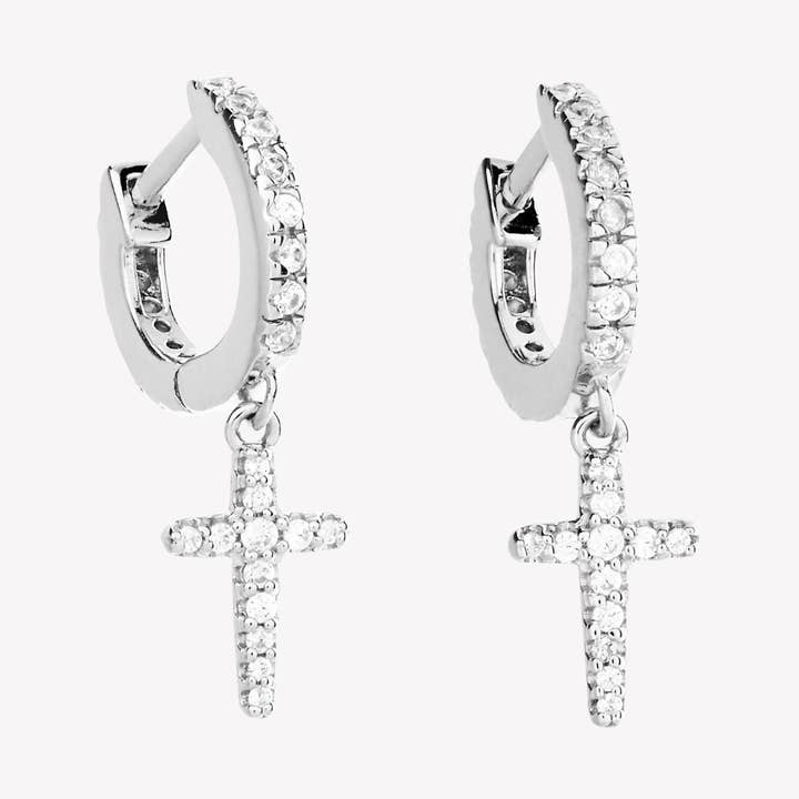 Luminous Pavé Cross Huggie Hoop Earrings for wholesale by Rizen Jewelry