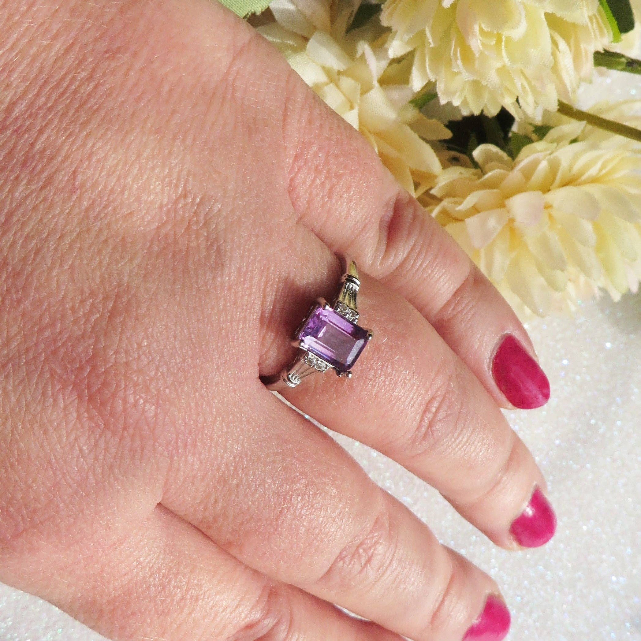 SHIVA ~ Adjustable ring in natural rectangular cut Amethyst with cubic zirconia for wholesale on Faire3