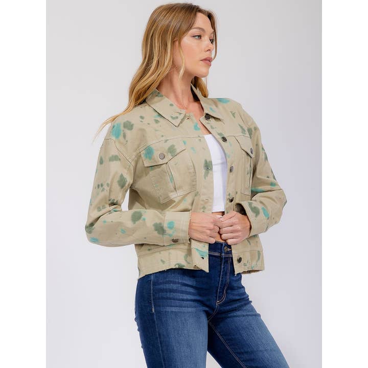 LONG SLEEVE BUTTON CLOSURE FRONT POCKETS DENIM TIE DYE JACKE for wholesale by IWT Brands