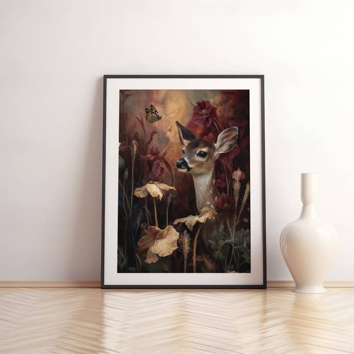 IuliiaArtPrints - Wholesale Art Print - Dark Castlecore Wall Art – Fawn & Butterfly in Moody Forest5