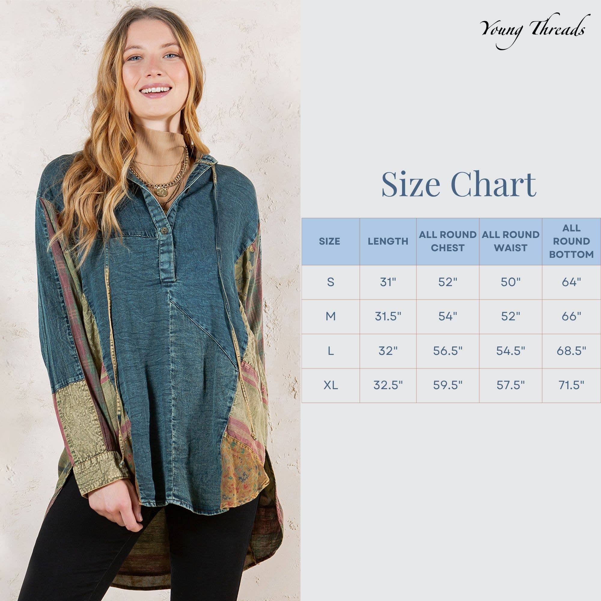 Young Threads - Wholesale Tunic - Women's - Western Boho Chic: Hooded High Low Patchwork Top2