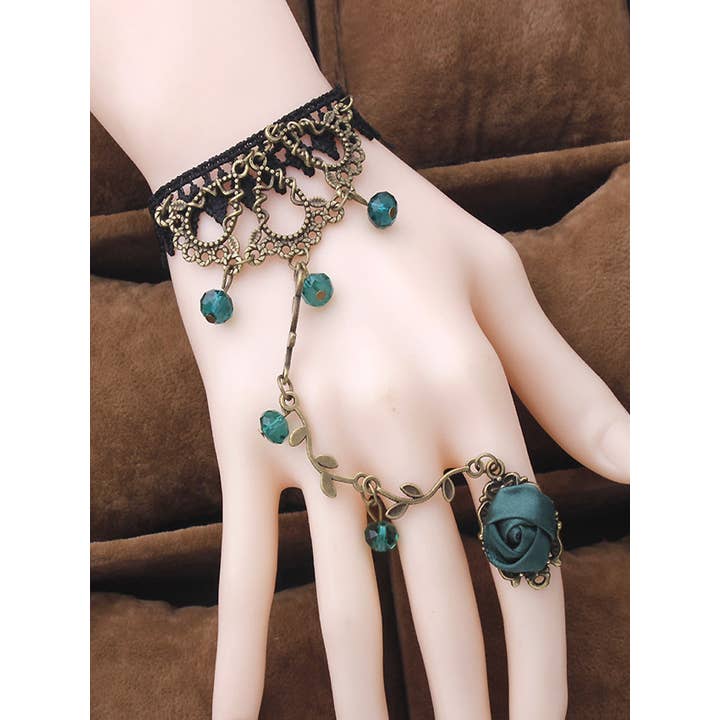 Pulseira de renda de cristal de videira de flor vintage com anel por atacado de Tourtiwi