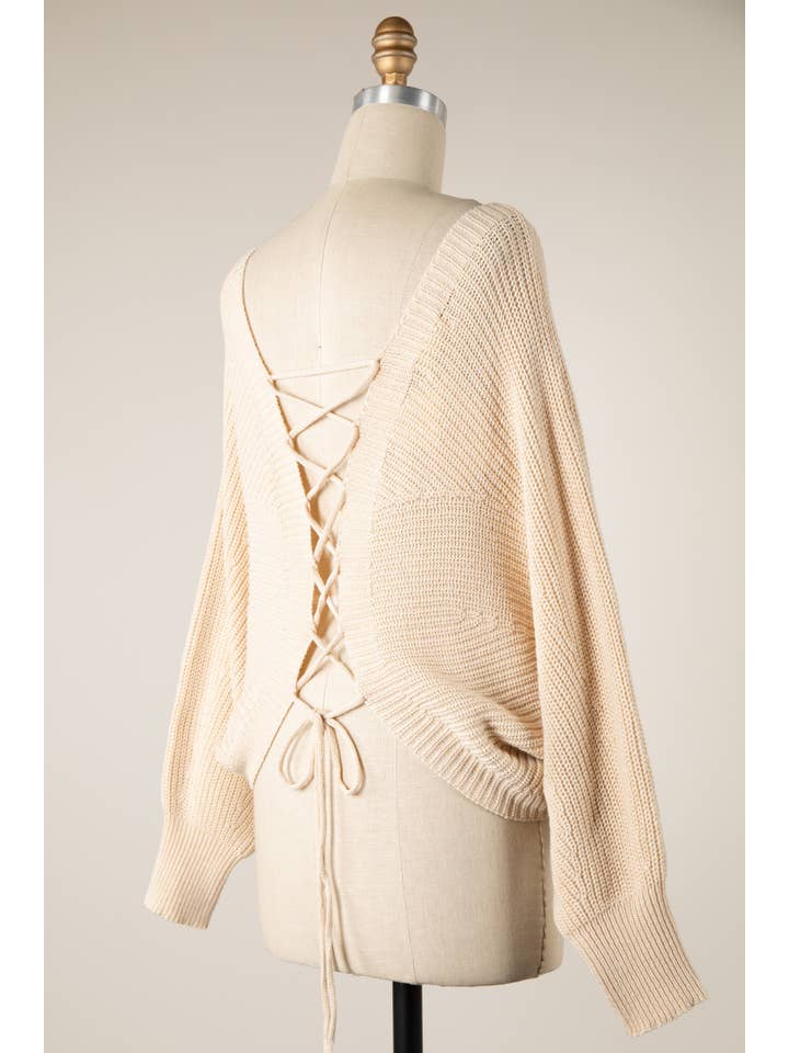 MIRACLE - Wholesale Knit Sweater - Women's - Dolman Sleeve Back Lace Up Cable Knit Sweater