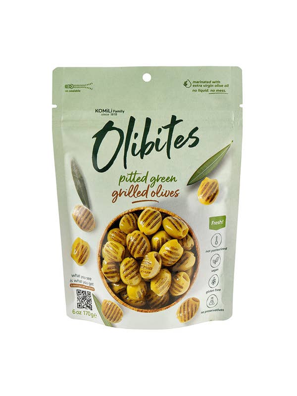 6 oz Pitted Green Grilled Olives for wholesale by Olibites by Komili Family