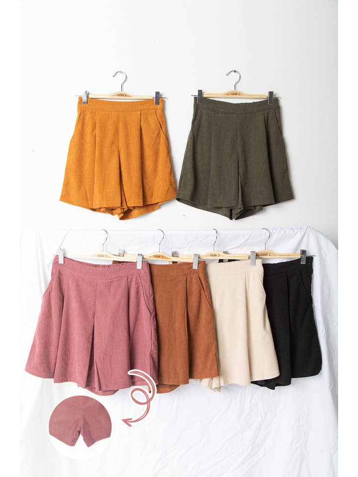 VERY J - Wholesale Skort - Women's - NP70121-Pleated Solid Corduroy Skort Shorts11