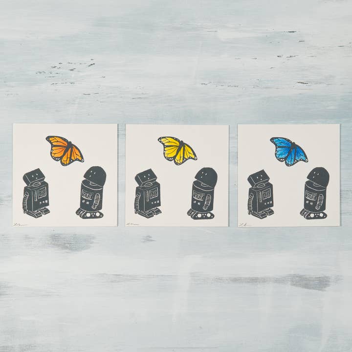 Robots Admiring the Butterflies 4x4 Giclee Art Print for wholesale by Inky Mess Press