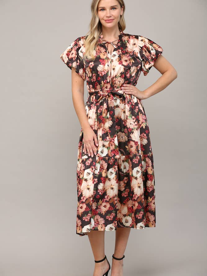 VESTIDO MIDI SLV CORTO DE SATÉN CON ESTAMPADO FLORAL FD32151 para venta al por mayor de FATE