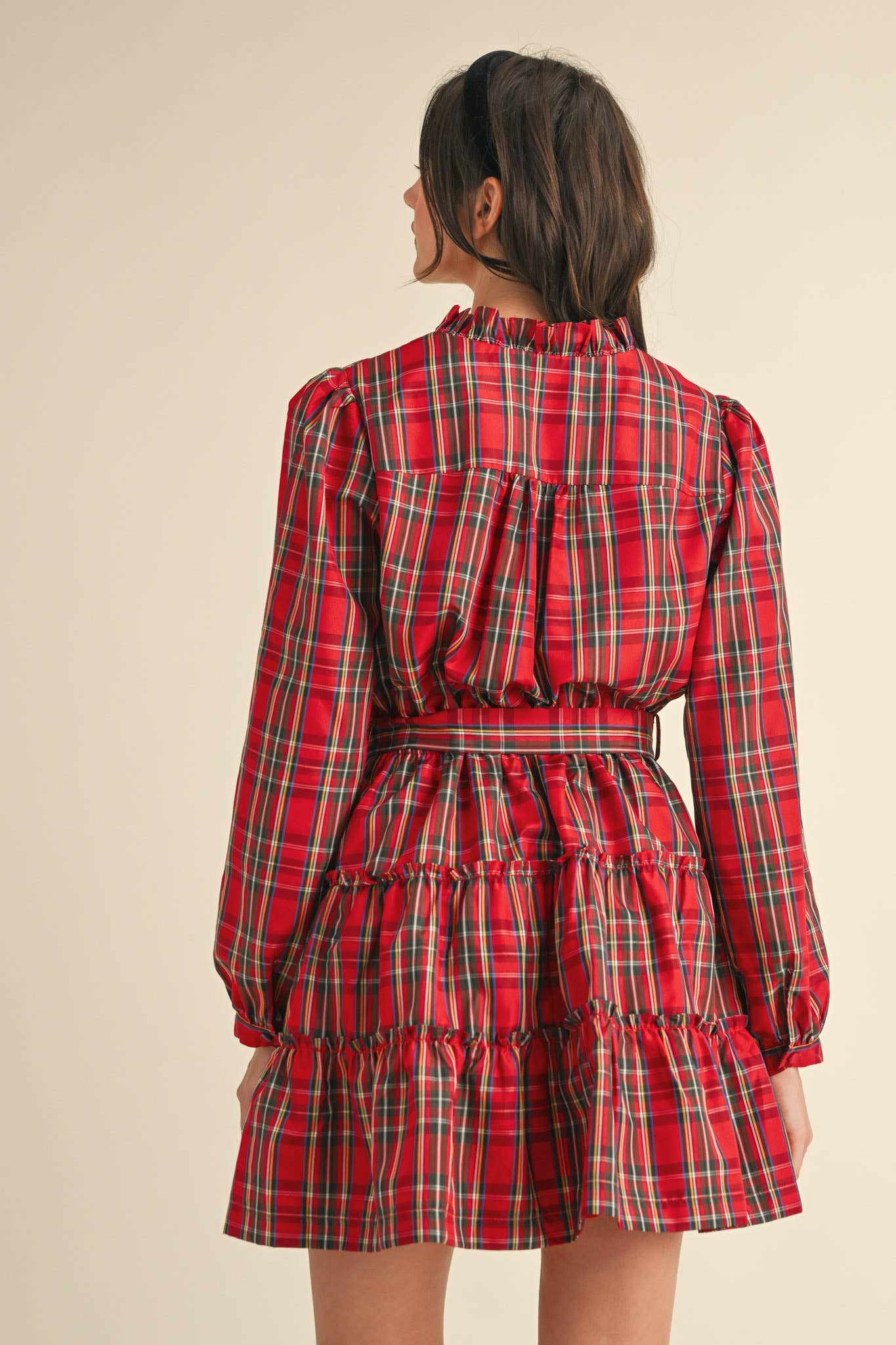 &MERCI - Wholesale Dress - Women's - PLAID MINI DRESS WITH TIERED RUFFLE TRIM MDR353827