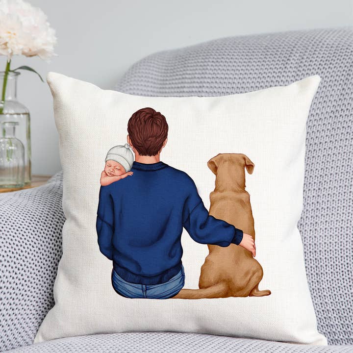 Customisable Dad, child and pet Cushion for wholesale by DoodlecardsBoutique