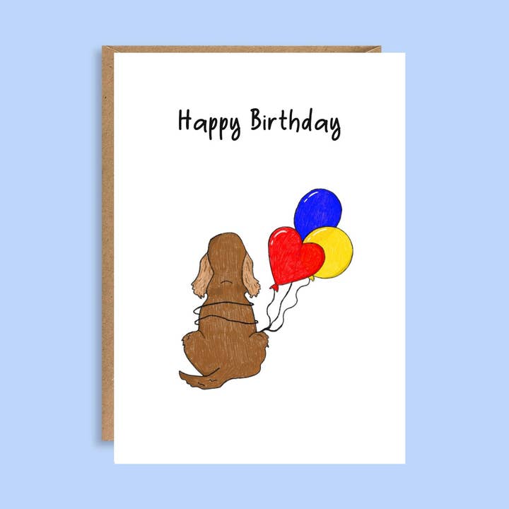 Illustrated A5 Cocker Spaniel Birthday Card with Balloons for wholesale by EscDesignsUK