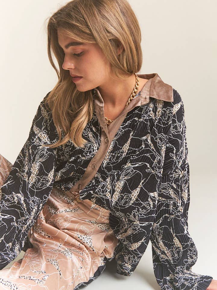 Bronze Black Multicolor Pattern Print Button Up Blouse for wholesale on Faire3