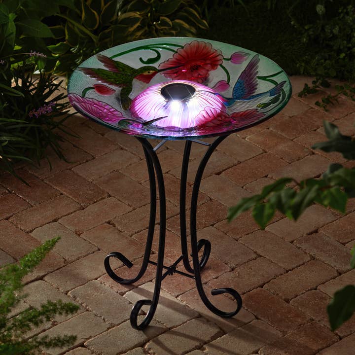 Hi-Line Gift Ltd. - Vente Bain pour oiseaux - Bain d'oiseaux en verre floral à LED solaire - Colibri et coquelicots1