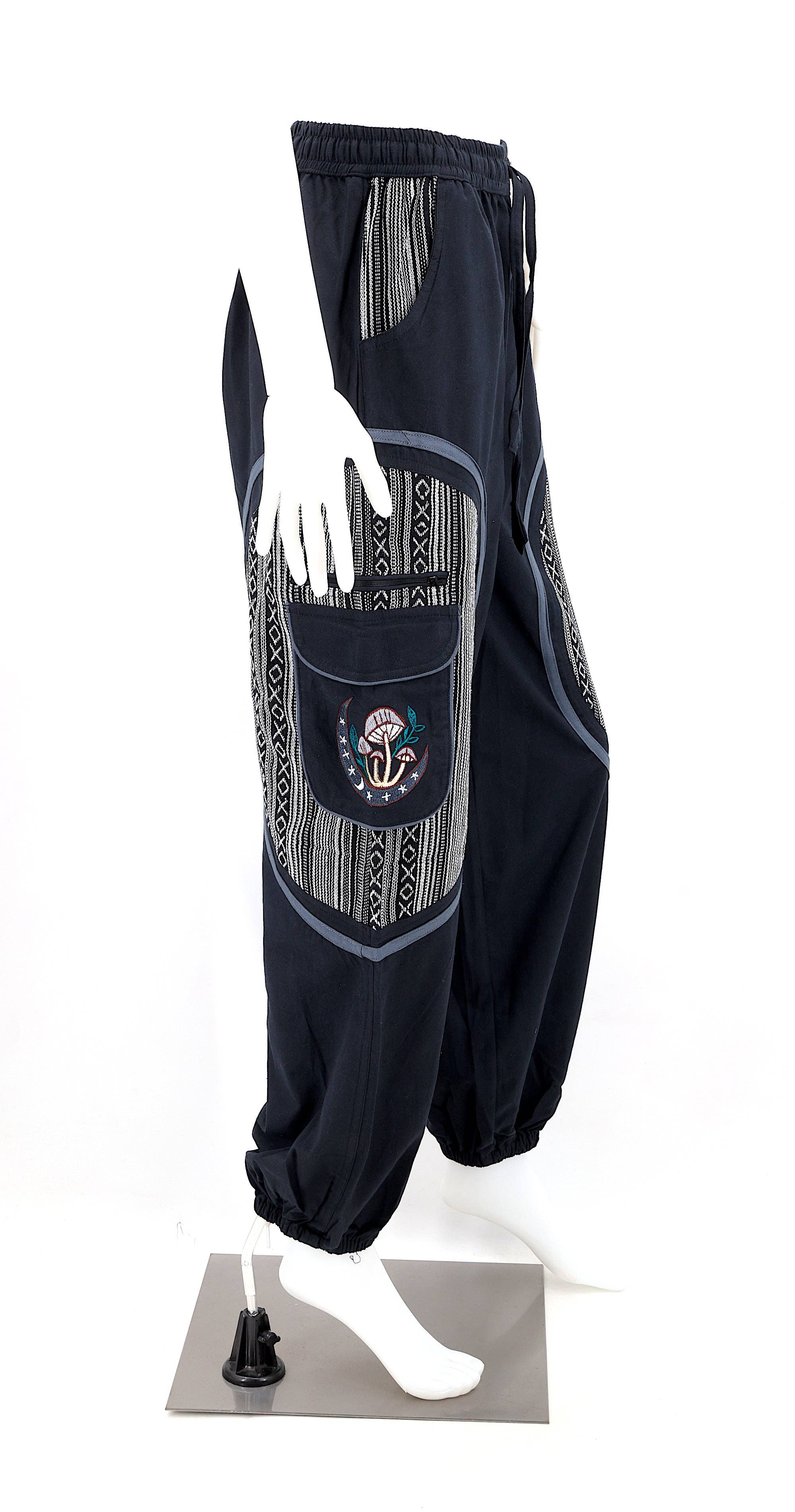 Himalaya Handmade - Venta al por mayor Pantalones - Mujer - Pantalones bohemios hechos a mano de algodón con bordado de luna y hongos estilo harem35