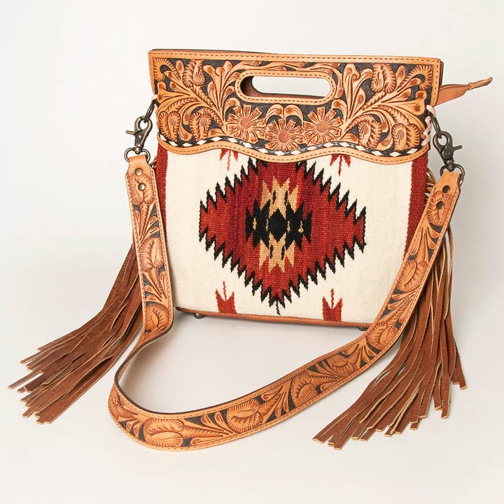 LC-ADBGS146 Southwestern Wool Blanket & Tooled Leather Shoulder Bag - Western Fringe Crossbody for wholesale by LS Western