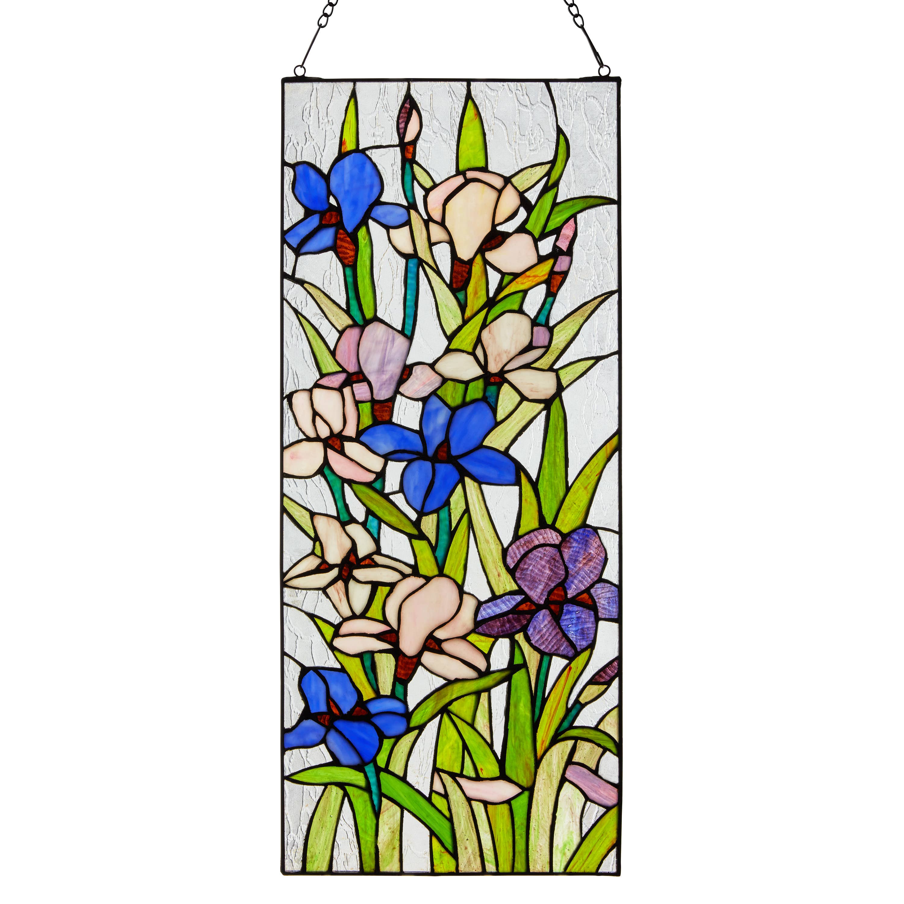River of Goods - Wholesale Suncatcher - 28"H Floral Purple Iris Stained Glass Window Panel1