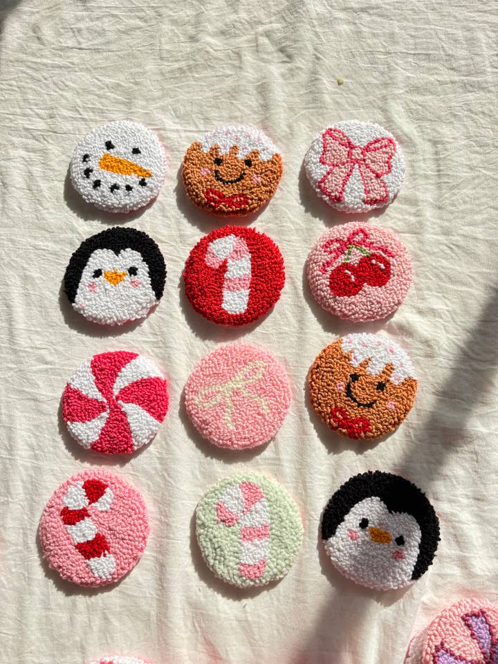 Handmade punch needle holiday Christmas car coaster for wholesale by Honey Punches