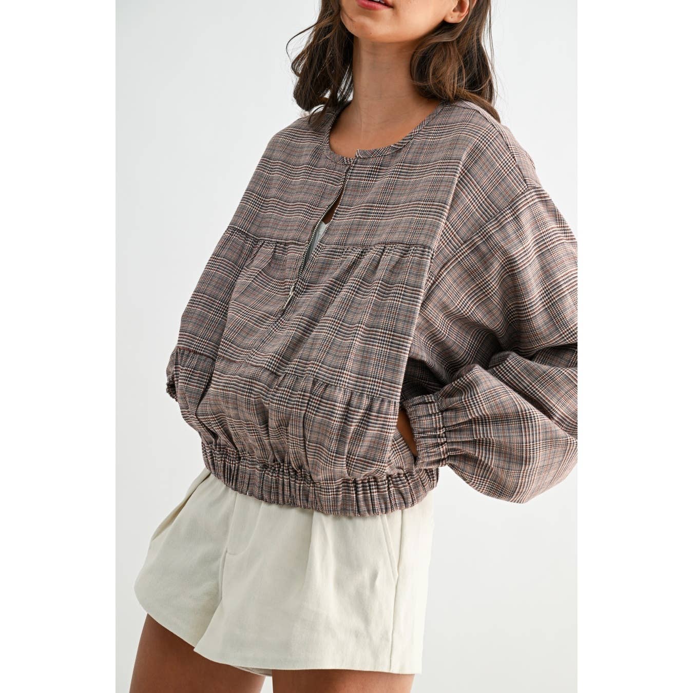 BROWN PLAID BALLON SLEEVE ZIP-UP JACKET  for wholesale on Faire5