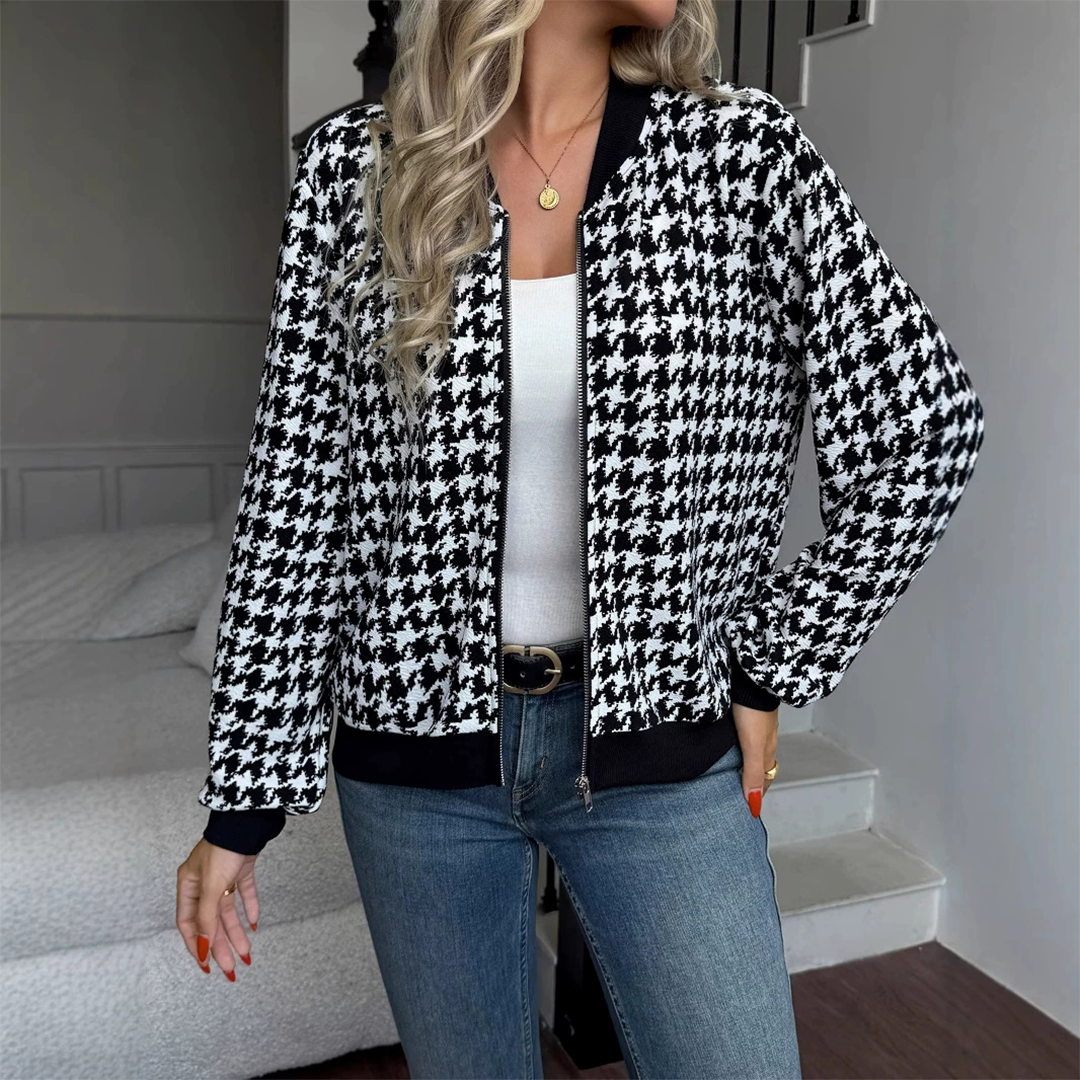 Black Zipper Houndstooth Loose Fit Casual Jacket ZK3708 for wholesale on Faire0