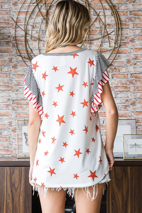 7th Ray - Venta al por mayor Túnica - Mujer - Top de manga corta con doble volante y acento de rayas de estrellas T523212