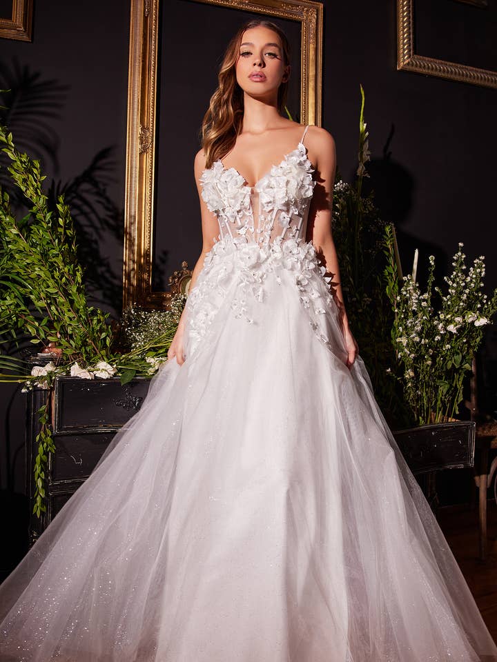 ABITO DA SPOSA A TRAPEZIO IN TULLE CON APPLICAZIONI FLOREALI per la vendita all'ingrosso da parte di Ladivine by Cinderella Divine