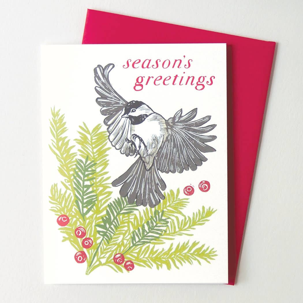 Hawk and Rose Press - Vente Cartes de vœux saisonnières - Carte de vœux vintage en linogravure 'Mésange & Mélèze'1