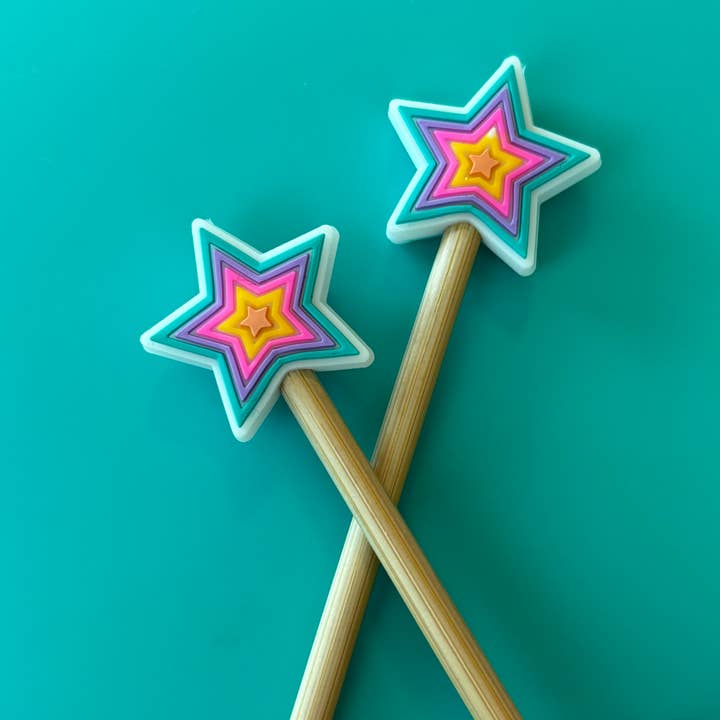 Knitting Needle Point Protectors - Rainbow Bright Star 80s for wholesale by Comma Craft Co