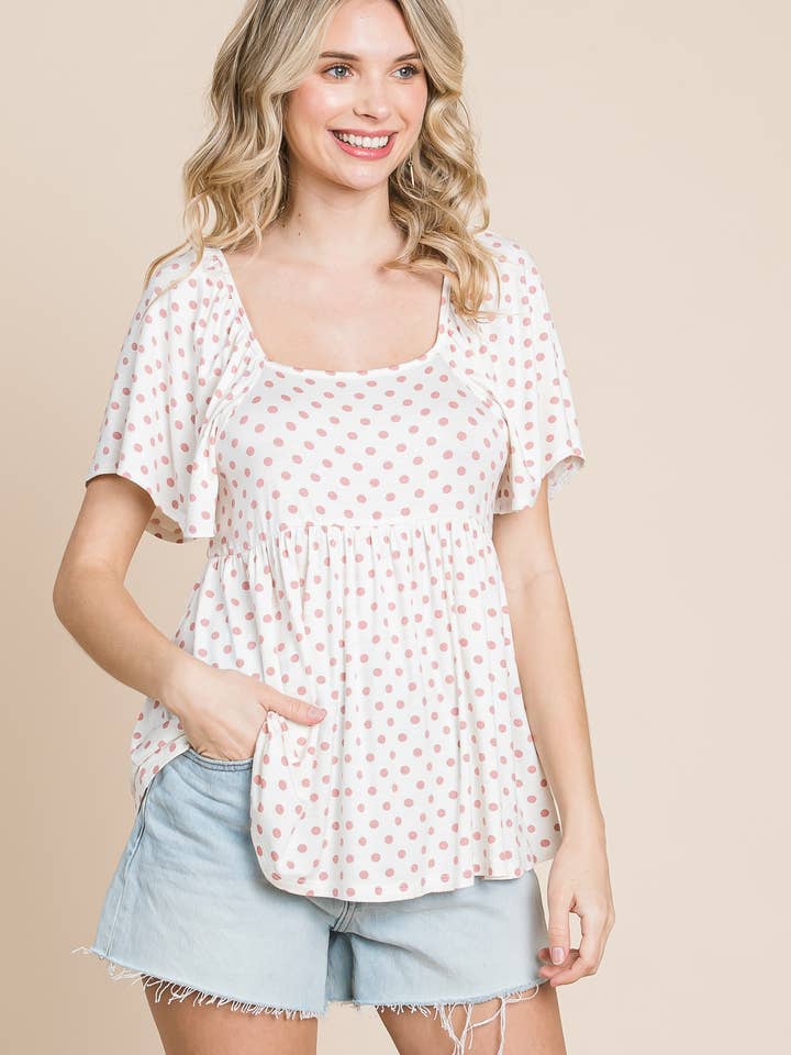 ETK-8906-PL Plus Size Polka Dot Square-Neck Babydoll Top for wholesale by Emerald Collection