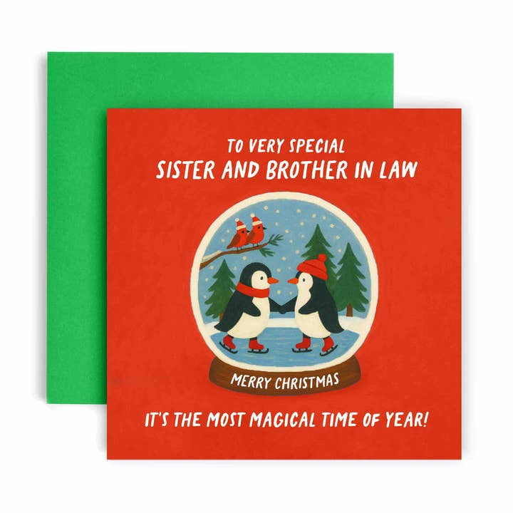 Sister and Brother in Law Penguin Snowglobe Christmas Card for wholesale by Huxters