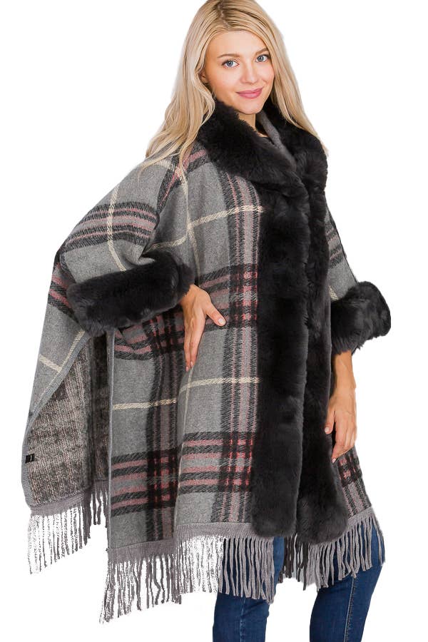 Grigio Poncho con cappuccio Ruana a silhouette aperta in stile eschimese scozzese in vendita all'ingrosso su Faire10