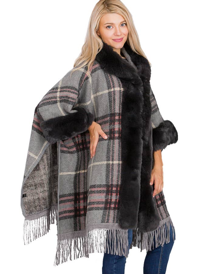 Grigio Poncho con cappuccio Ruana a silhouette aperta in stile eschimese scozzese in vendita all'ingrosso su Faire10