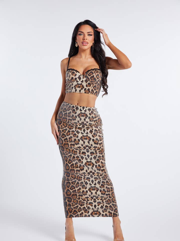 Leopard print sequin skirt set for wholesale by WFFS
