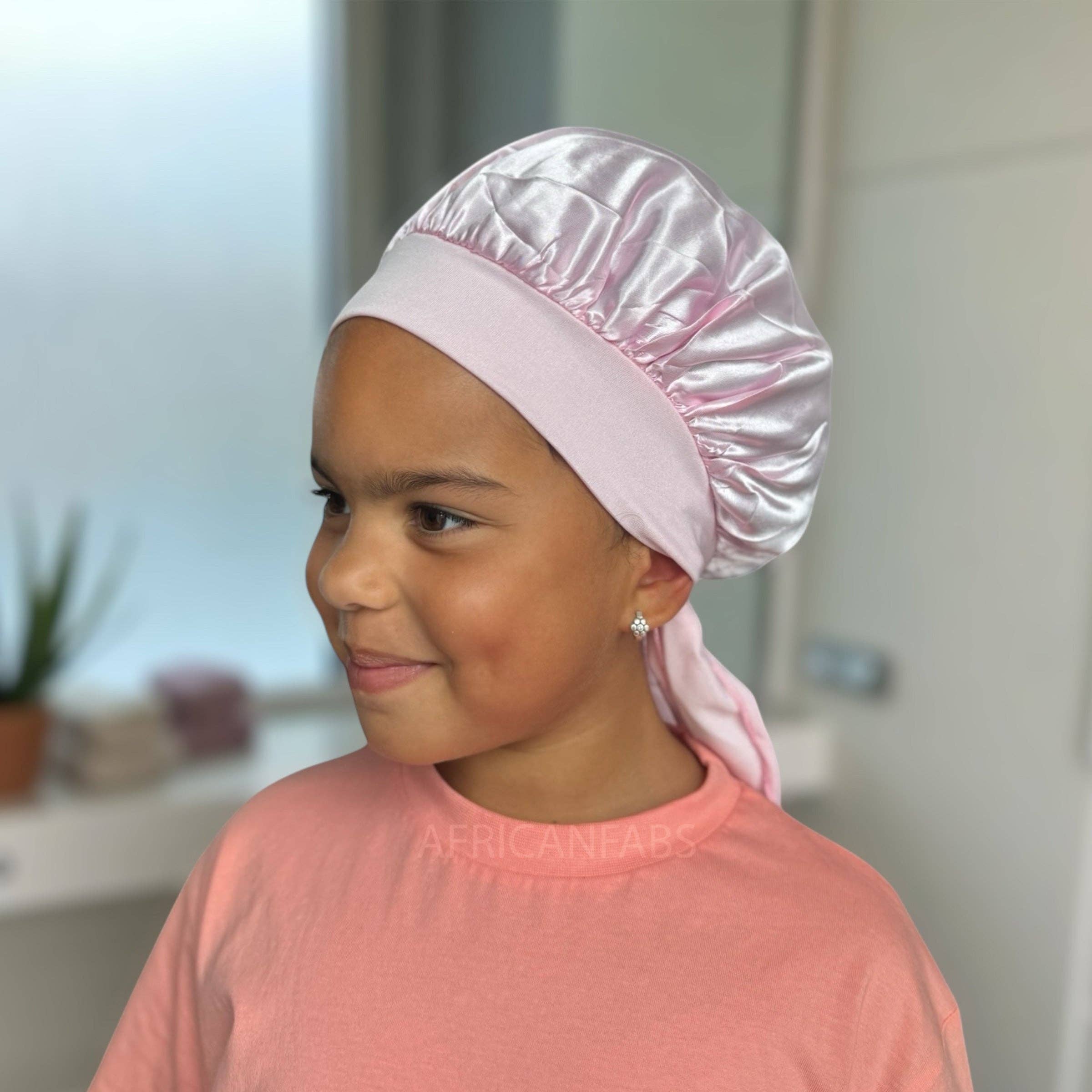 AfricanFabs - Wholesale Sleep Cap / Bonnet - Kids - Pink Satin Hair Bonnet with Tie Straps (Kids / Children's size 3-7 years) ( Satin Night sleep cap)0