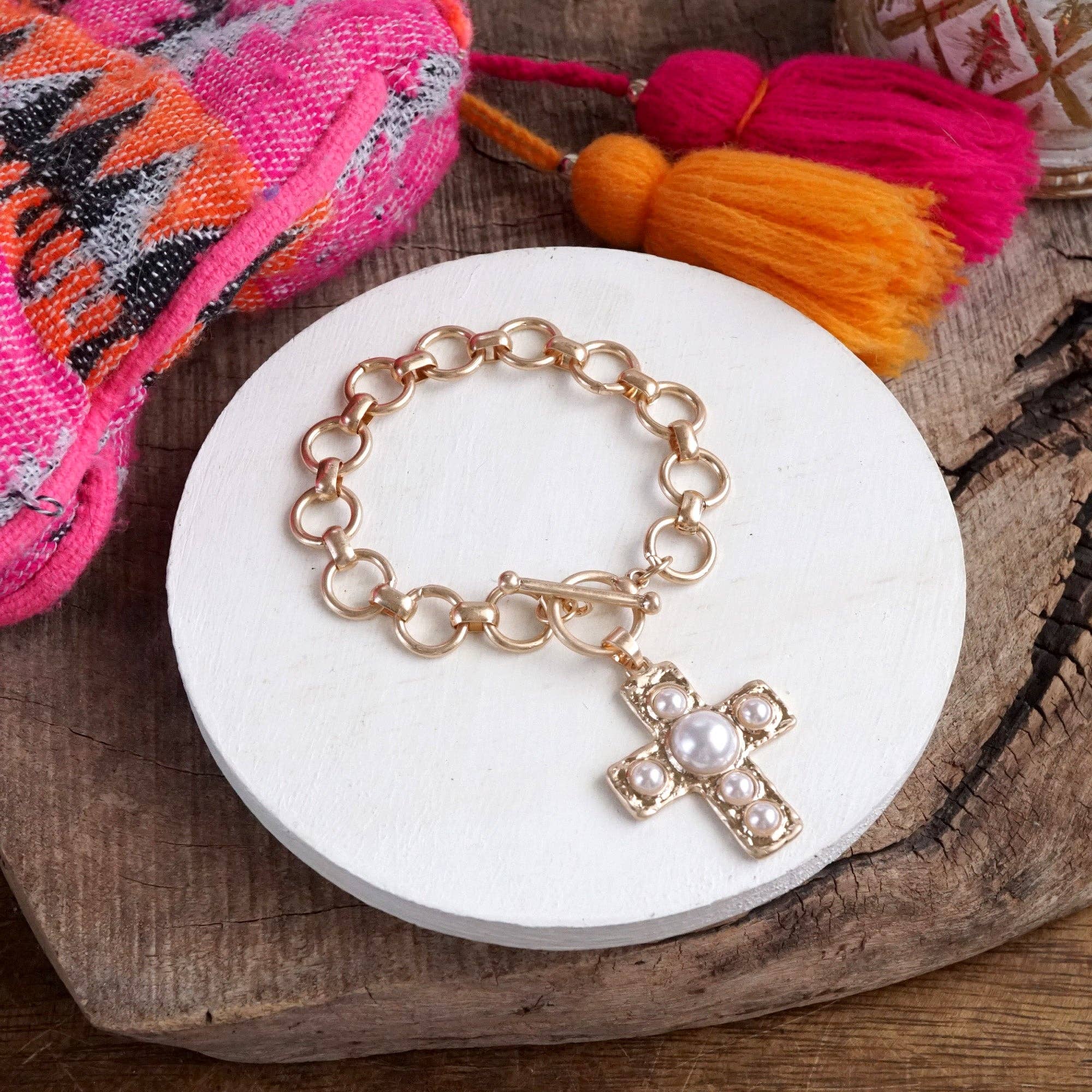 PennyLine inc - Wholesale Charm/Dangle Bracelet - Primitive Cross Chain Bracelet – Worn Gold with Turquoise or Pearl3