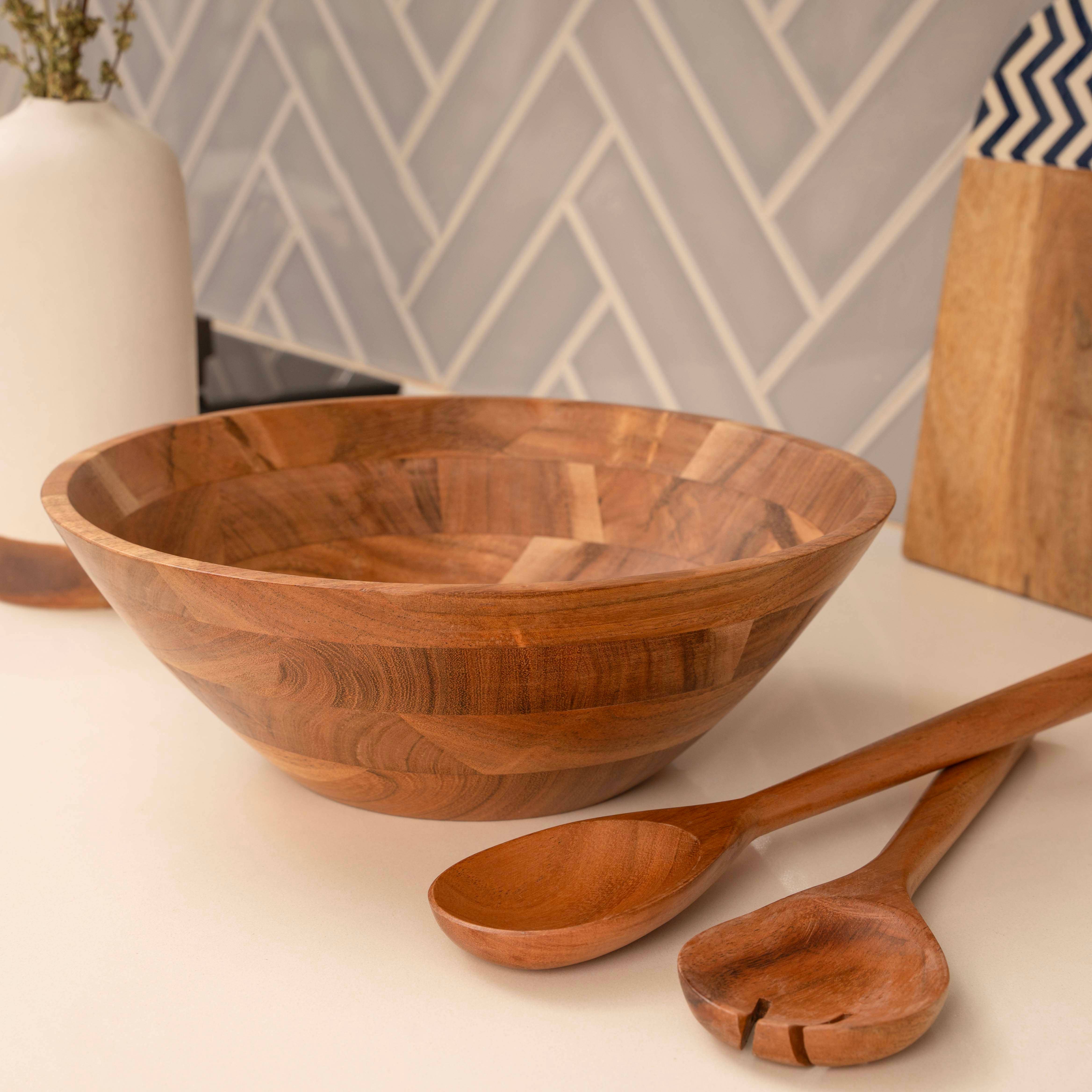 LuxeDesigns Co LLC - Wholesale Serve Bowl - Large Wooden Salad Bowl, 12" Acacia Wood Bowl with Servers6