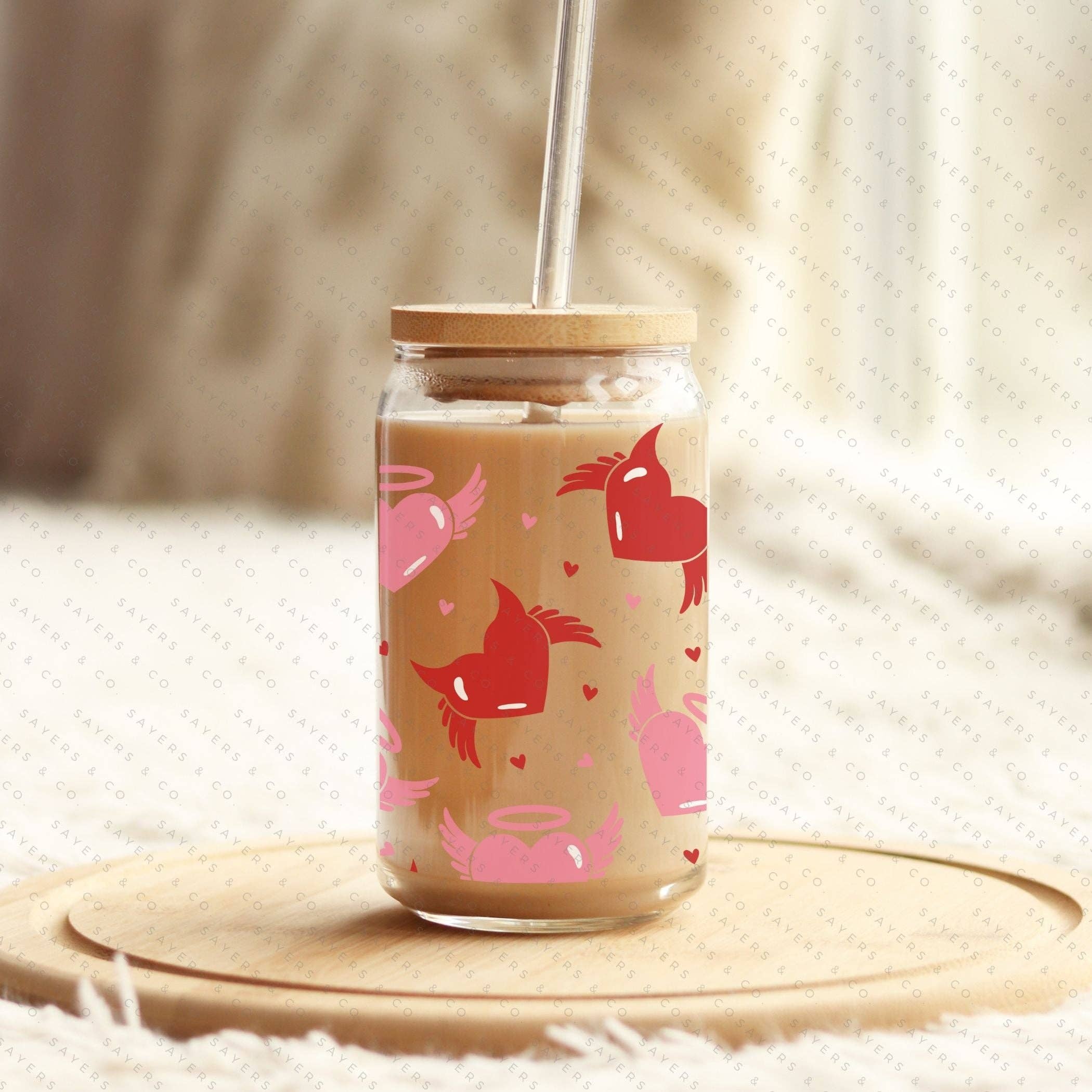 Sayers & Co. - Wholesale Drinking Glass/Cup - 16oz Valentine's Day Angel and Devil Hearts Glass Cup with Bamboo Lid & Straw #1000898