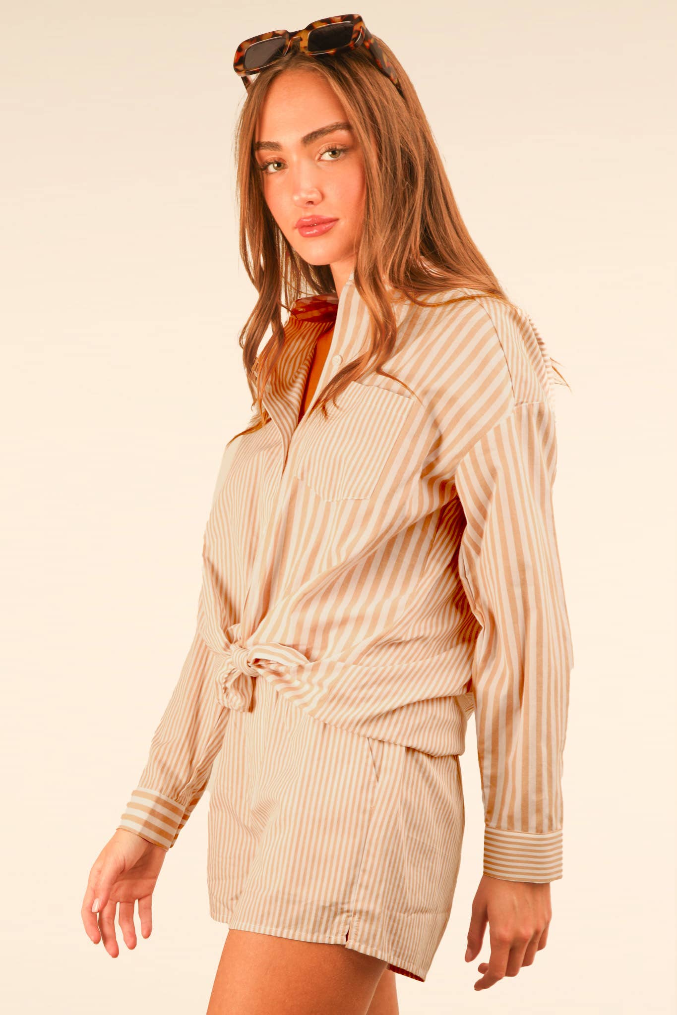 VERY J - Wholesale Lounge Set - Women's - NT12020SET-Striped Oversized Comfy Shirt Top & Shorts Set19