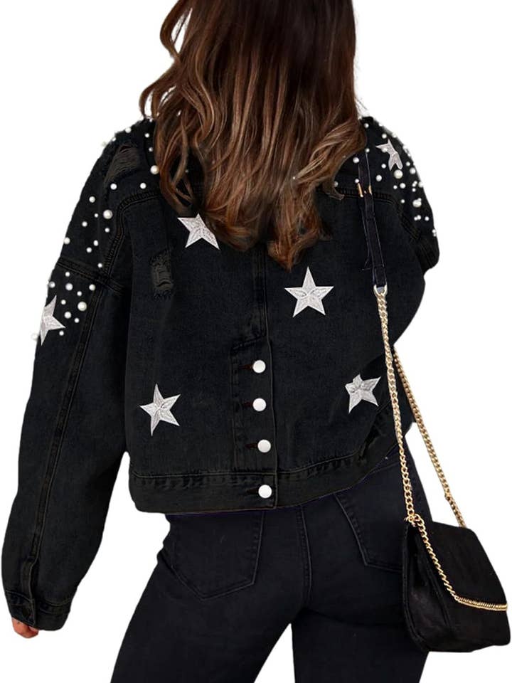 Rosa Clothing - Wholesale Jacket - Women's - Western Pearl stud boxy denim jacket6