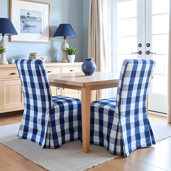 Rockin Cushions - Vendita all'ingrosso Fodere per sedie/divani - Confezione da 4 - Coprisedie da pranzo, compatibili con IKEA Henriksdal, Quadri Buffalo Blu Navy, Lunghezza fino al pavimento