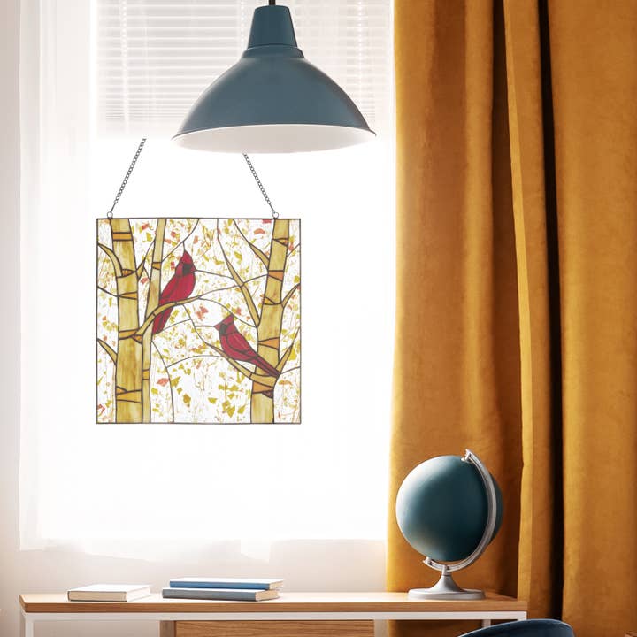 River of Goods - Wholesale Suncatcher - 14"H Eden Red Cardinals in Autumn Stained Glass Window Panel