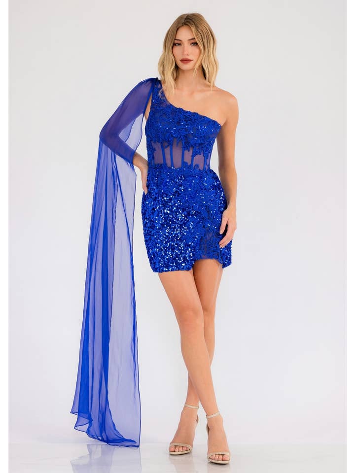 ONE SHOULDE CAPE WITH LEAF LACE BODICE COCKTAIL DRESS for wholesale by Juliet