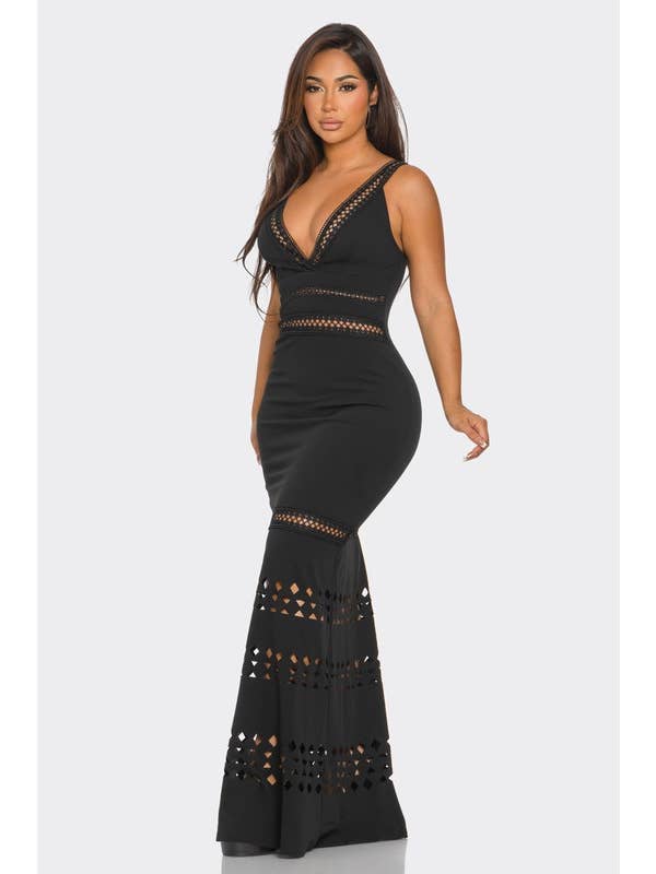 BANJUL - Wholesale Dress - Women's - HD13439 V-Neck Sleeveless Semi-Hollow Mermaid Solid Dress
