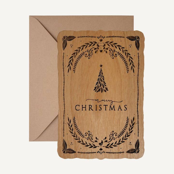 Merry Christmas Wreath | Real Wood Greeting Card for wholesale by Lucca