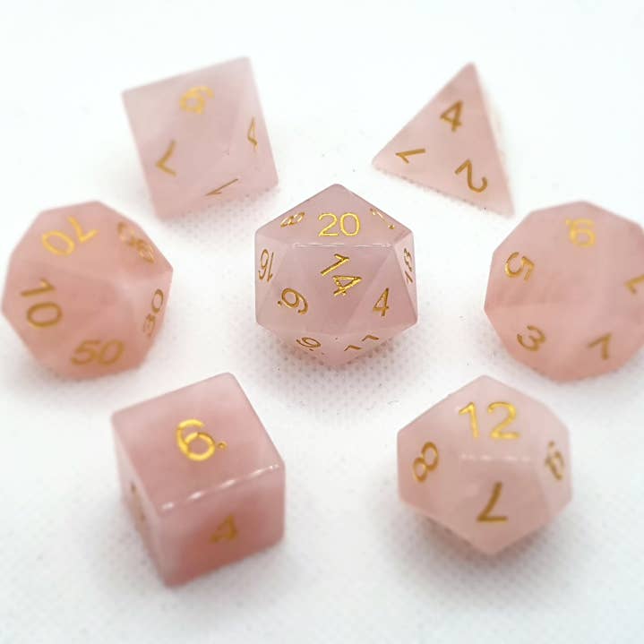 Rose Quartz | Natural Gemstone Dice | 7-Polyhedral Set for wholesale by Tabletop Dominion Limited