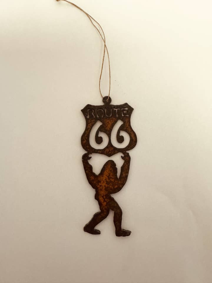 Bigfoot Yeti Sasquatch with Route 66 Ornament Rustic Metal for wholesale by Universal Ironworks USA