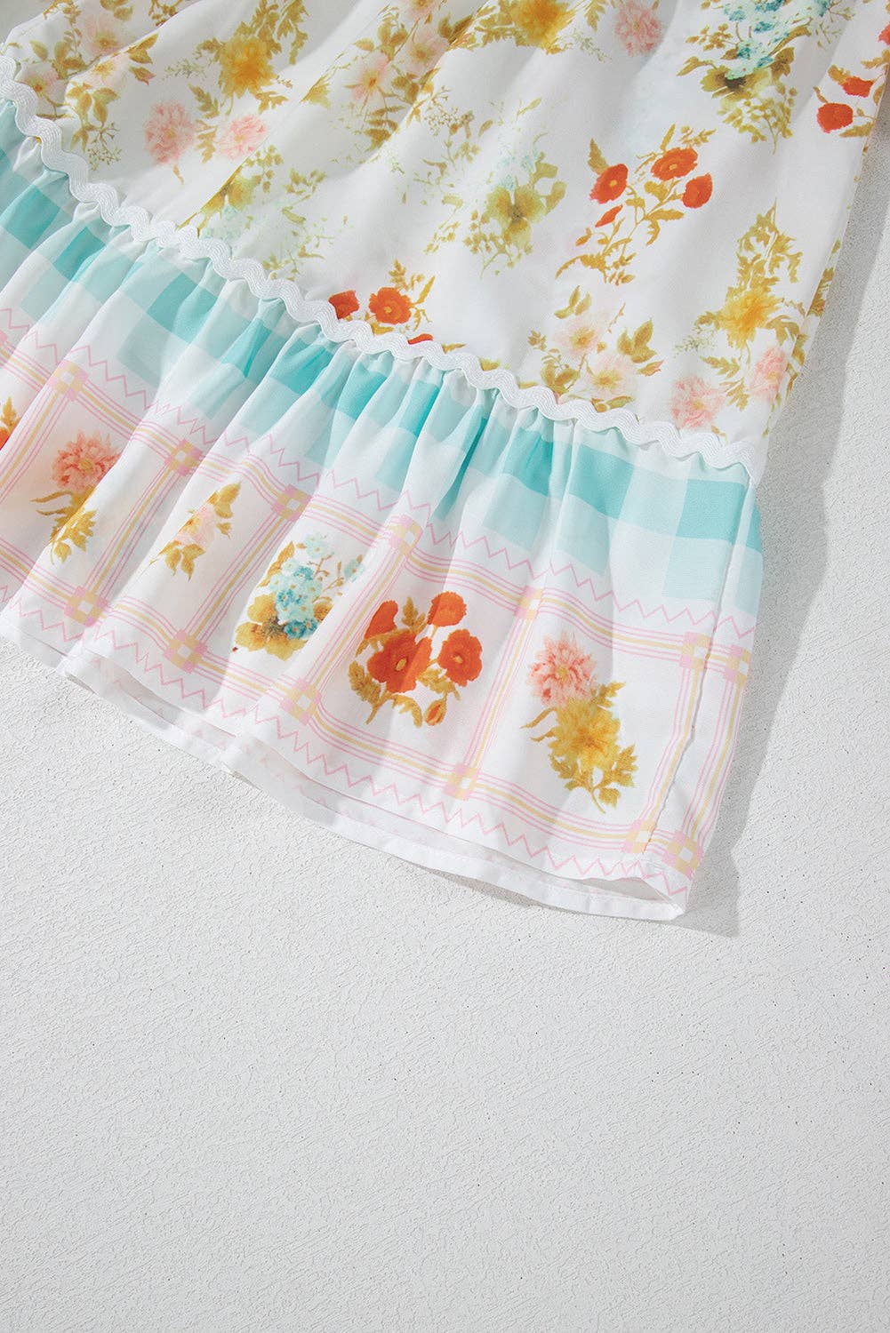 Pink Ric Rac Plaid Floral Print Patchwork Bubble Sleeve Dress for wholesale on Faire5