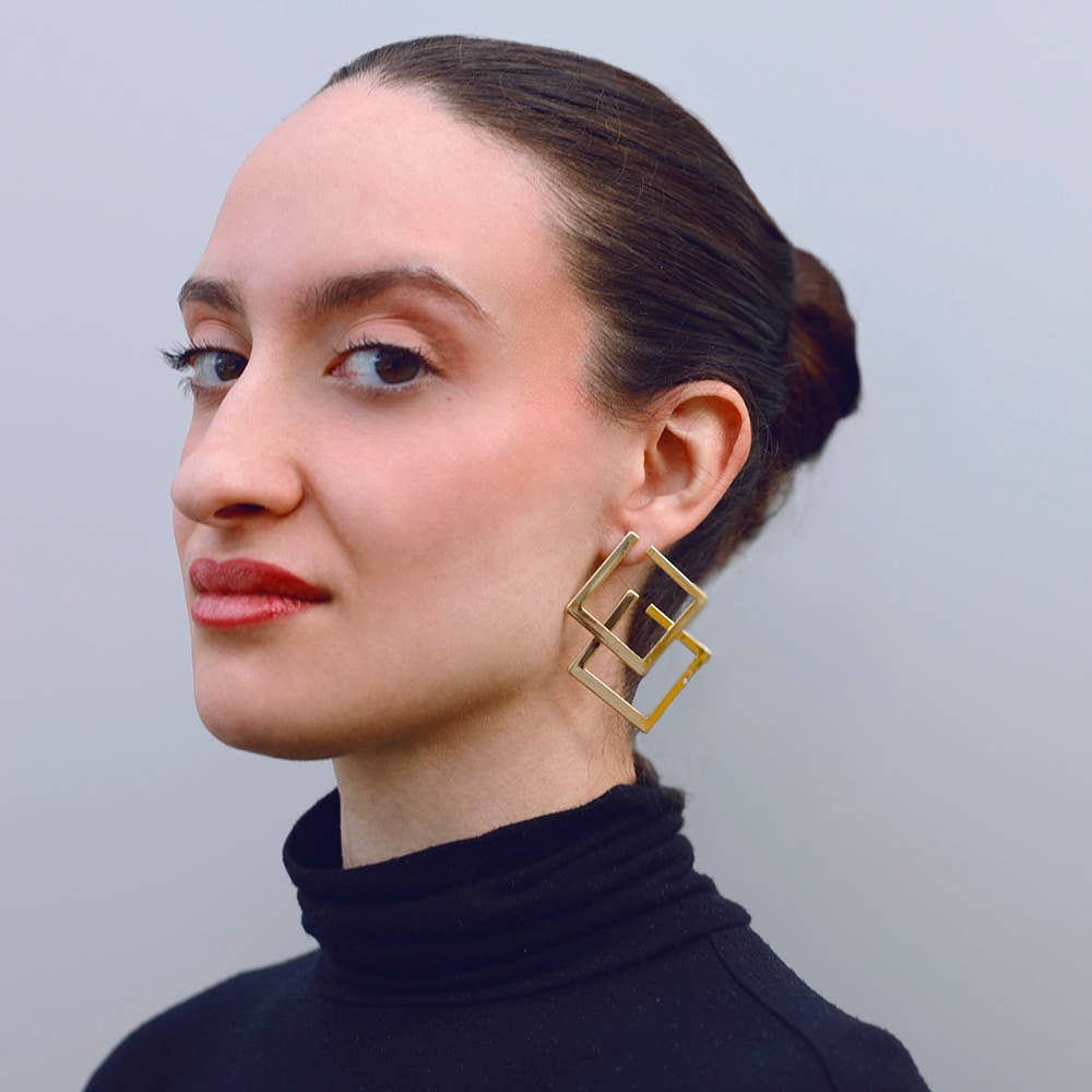 Sonata - Wholesale Snap Jewelry - Double Square Metal Clip-On Earrings3