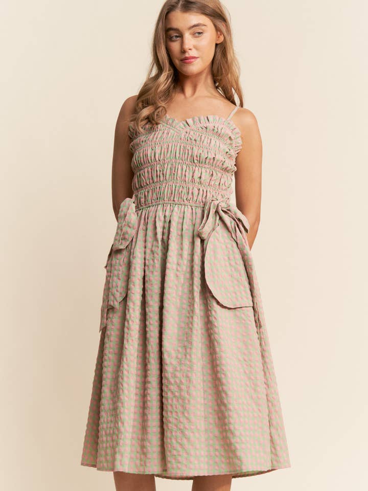Watermelon Checkered Smocked Ribbon Midi Dress S-L for wholesale on Faire